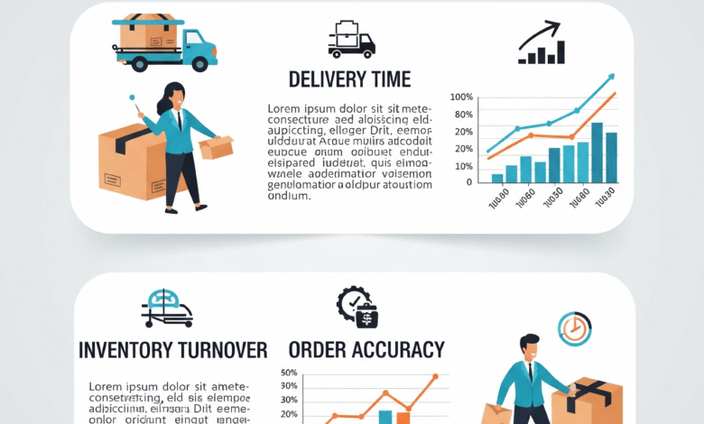 An infographic titled Supply Chain KPIs showing nine key metrics including Customer Order Cycle Time, Fill Rate, and Inventory Turnover with brief descriptions